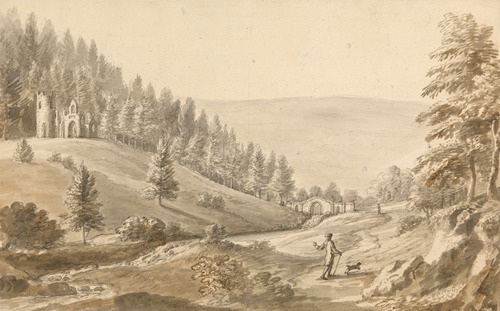 Crowcombe Court: a gentleman with his dog walking by the river