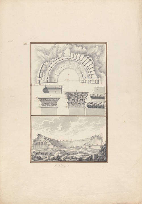 Top Panel: Plan, Column Details: Bottom Panel: View of a Ruined Theater, Probably that at Miletus
