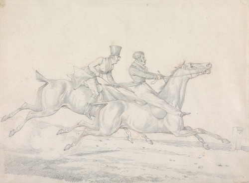 Drawing for ‘Specimens of Riding near London:’ The Pleasure of Riding in Company. One Would Stop if the Other Could