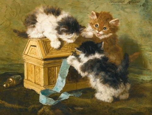 Three Kittens With A Casket And Blue Ribbon (1894)