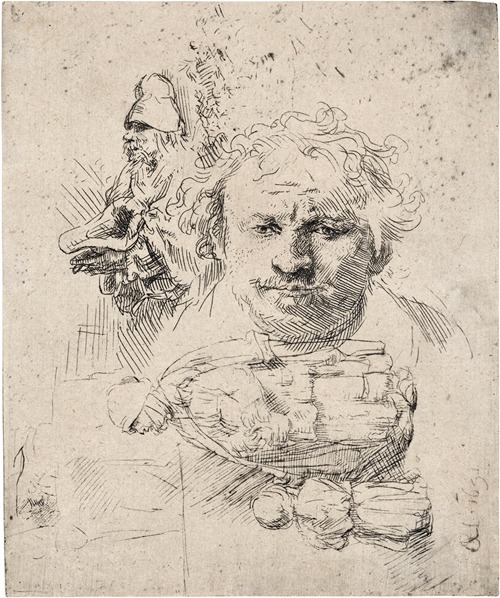 Sheet of Studies with the Head of the Artist, a Beggar Man, Woman and Child