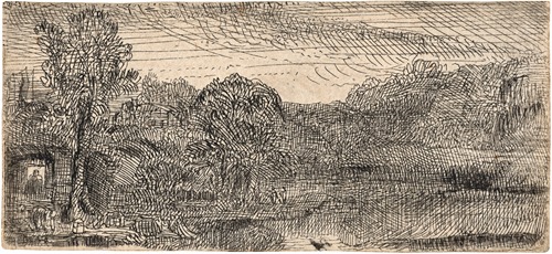 Small Grey Landscape: a House and Trees beside a Pool