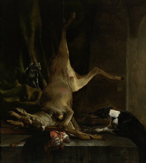 A Dog and a Cat near a partially disembowelled Deer