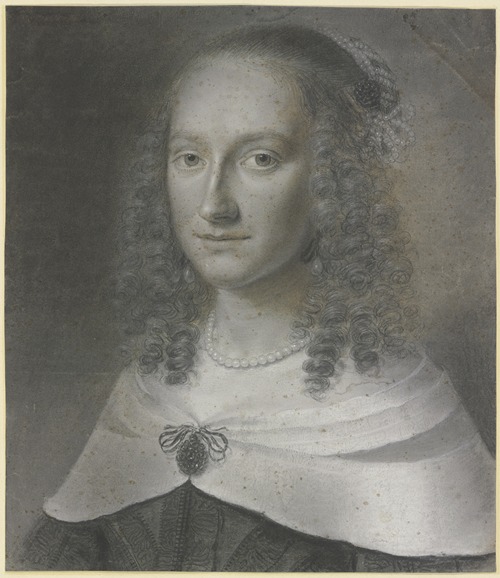 Brustbild einer Dame mit langen Locken und weißem Umschlagetuch, gehalten von einer Agraffe