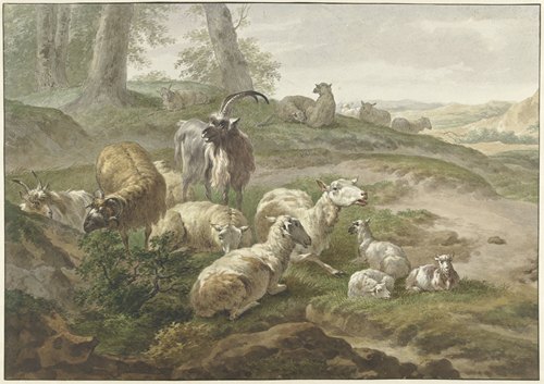Bokken en schapen in een heuvelachtig landschap , after Nicolaes Pietersz. Berchem