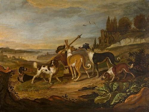 Gundogs against landscape
