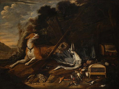Hunting scene with a hound, a dead heron, feathered game, a birdcage, and a rifle