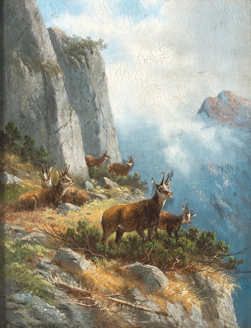 Chamois and Eagle on a Steep Cliff Face by Moritz Müller - Artvee