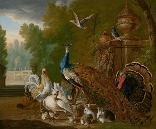 A peacock, turkey, cockerel, hen, pigeons, other birds and rabbits in a park landscape