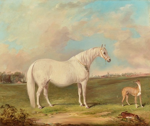 A grey mare, a lurcher and a dead hare in a landscape