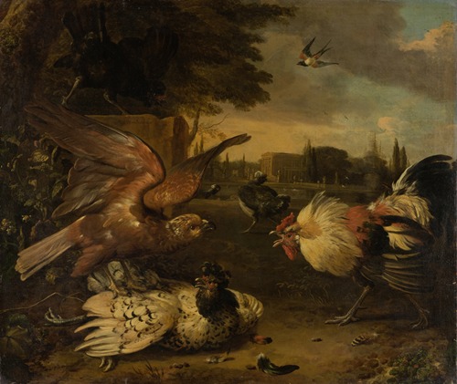 A Cock Defends a Hen from an Attacking Bird of Prey