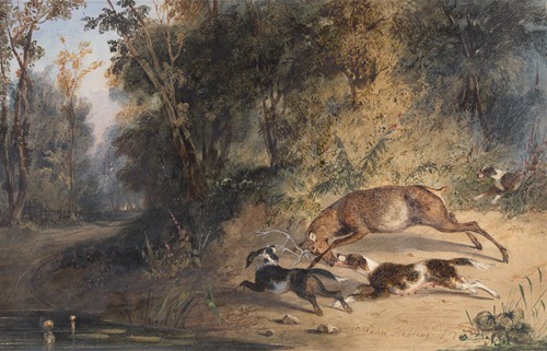 Deerhound and Bitch Cornering a Stag at the Edge of a Woodland Pool