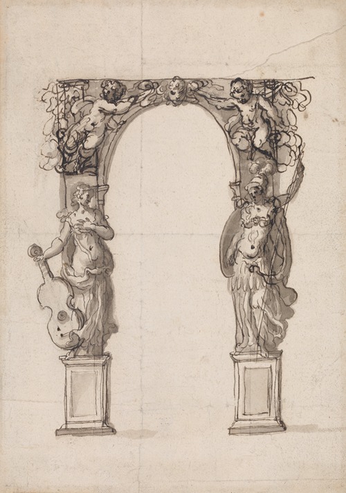 Design for a Temporary Arch Ornamented with Putti and Allegorical Figures of Music and War