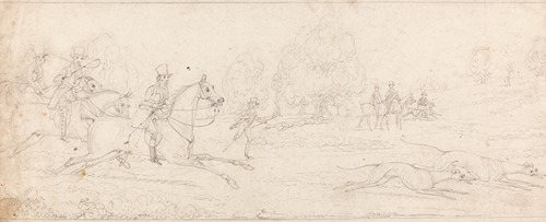 Coursing: a Group of Riders Galloping From Left After a Couple of Greyhounds