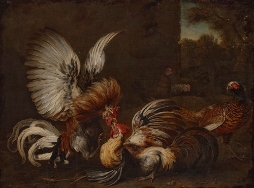 Two cocks fighting in a farmyard, a pheasant and two hens nearby
