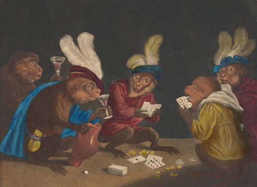 The Singerie [Five monkeys playing cards]