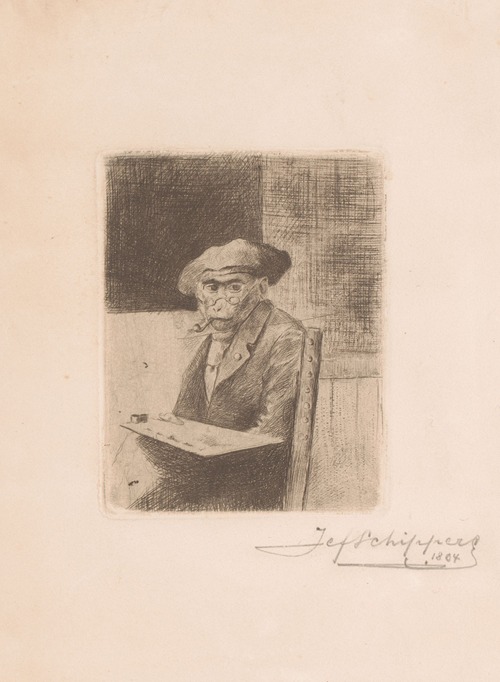 Monkey dressed as a painter with palette and beret