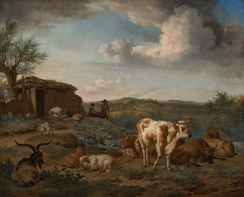 Cows, sheep, goats and herders resting in a pastoral landscape