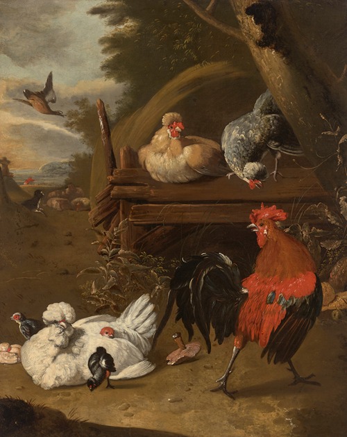 A cockerel and chickens in a landscape