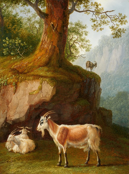 Bergige Landschaft mit vier Ziegen