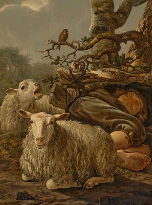 A sleeping shepherd with two sheep, in a landscape