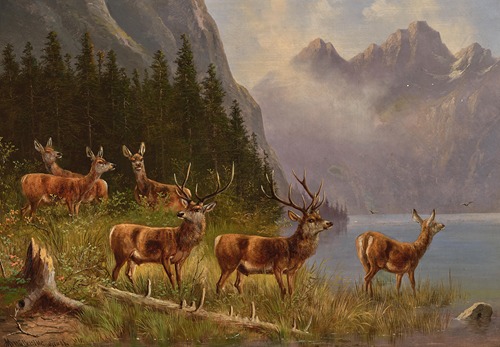 Red Deer on the Lakeside, signed (in ligature), dated MMüller Munich