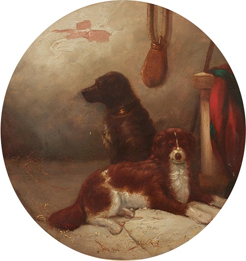 Dogs in a stable interior