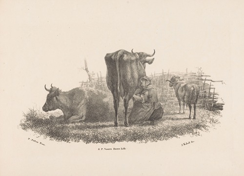 Melkende boerin, twee koeien en een ram