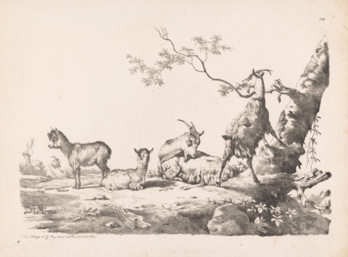 Goats with young in a landscape near a tree