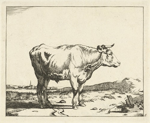 Stier, naar rechts, met kerktoren op achtergrond