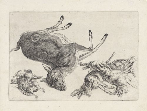 Dead deer lying on its right side, two dead hares and two snipes at right, three dead birds at left