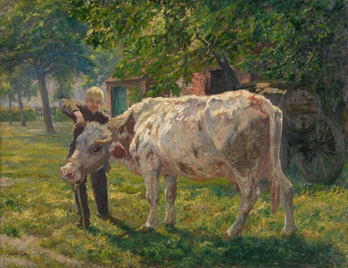 Boy with Cow in an Orchard