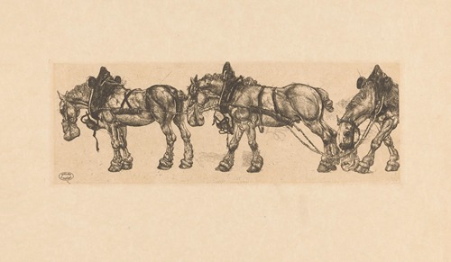 Drie werkpaarden met haverzak