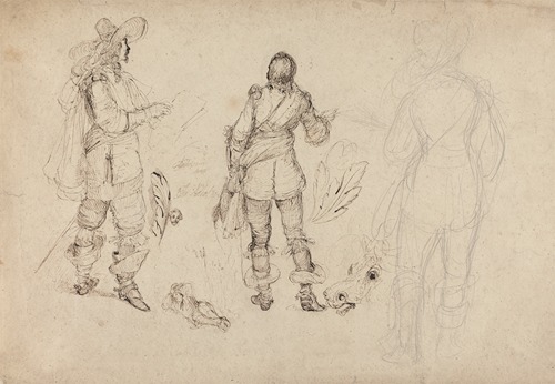 Page of Sketches of Cavaliers, Horse’s Head, and Plumes