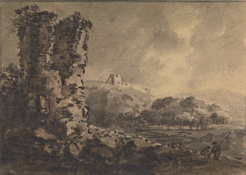 Classical Landscape with Ruin on Left, Two Figures on Right