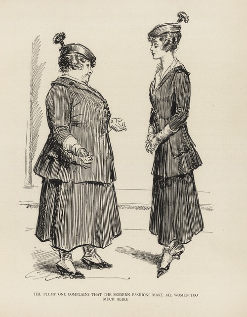 The plump one compains that the modern fashions make all women too much alike