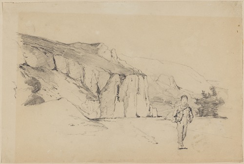 Landschaftsstudie; Blick auf Felsen und einen Jungen im Vordergrund