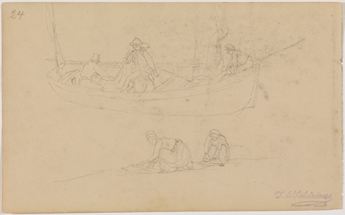 Männer im Kahn, zwei Frauen am Strand (Scheveningen), fol. 24