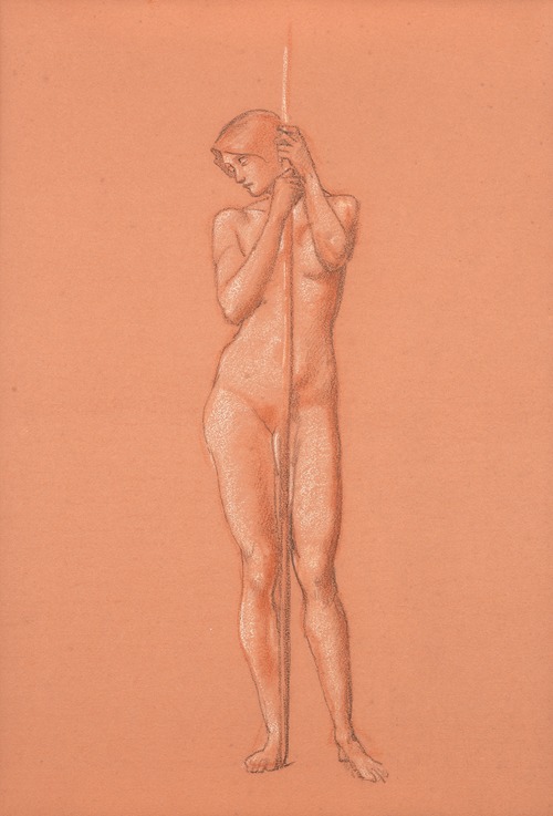 Nude study for attendant figure holding a spear in The Sleep of Arthur in Avalon