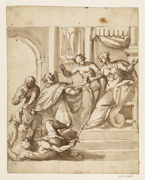 Allegorical composition with Justice restraining an enthroned queen
