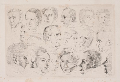 Portrætter af de 17 mandlige personer på WMarstrands maleri- Et musikalsk aftenselskab 1834