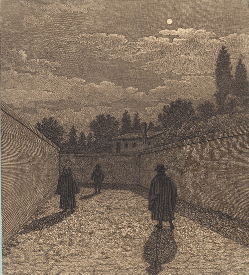 Måneskin over en vej med tre figurer Illustration til Linearperspectiven , Tavle IV