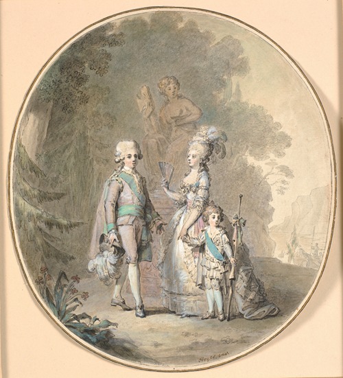 Gustav III, dronning Sophie Magdalene og kronprins Gustav Adolph spadserende i Hagaparken