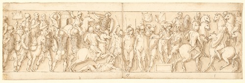 En sarmatisk landsby ødelægges for øjnene af kejseren; barbarer ser til fra et podium; Marcus Aurelius til hest modtager en germansk rytter med en meddelelse
