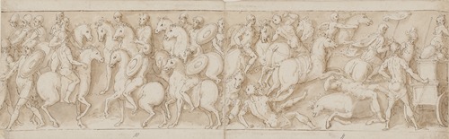 En soldat; germanske ryttere føres til Marcus Aurelius på hesteryg; sarmaterne drives på flugt af romere; påbegyndelsen af en romersk march med dets følge
