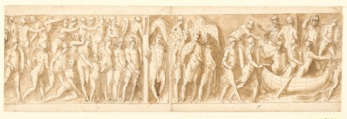 Kamp mellem romere og sarmatere; Marcus Aurelius taler med to ledsagere uden for lejren; indskibning og passage
