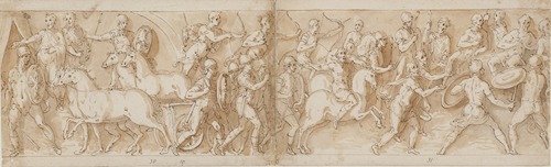Marcus Aurelius ankommer til kampen, mens tropperne nedkæmper et sarmatisk angreb; sarmaterne beder om nåde