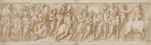 Romere på march; Marcus Aurelius, Pompejus og en oppasser overværer marchen; ophold på marchen