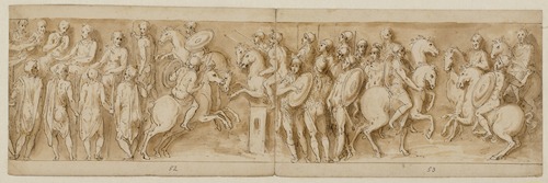 Sarmatere fremført for det kejserlige råd; Marcus Aurelius og Pompejus på hesteryg, omgivet af vagter, betragter et mindre opgør; germanske adelsmænd overbringer en meddelelse