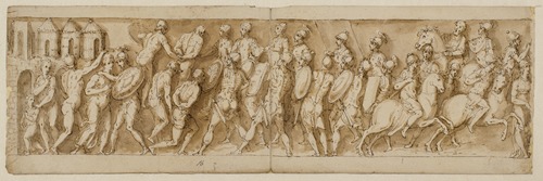 Sarmatiske ledere tilfangetages af romerne i et overraskelsesangreb, og der sættes ild på deres huse; legionærer og kejseren ankommer ikke afbildet af Guerra